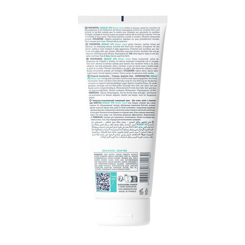Achterkant van de witte tube ISISPHARMA Secalia Ato Shower Cream. Tekst en ingrediënten. QR-code en recyclingsymbolen.