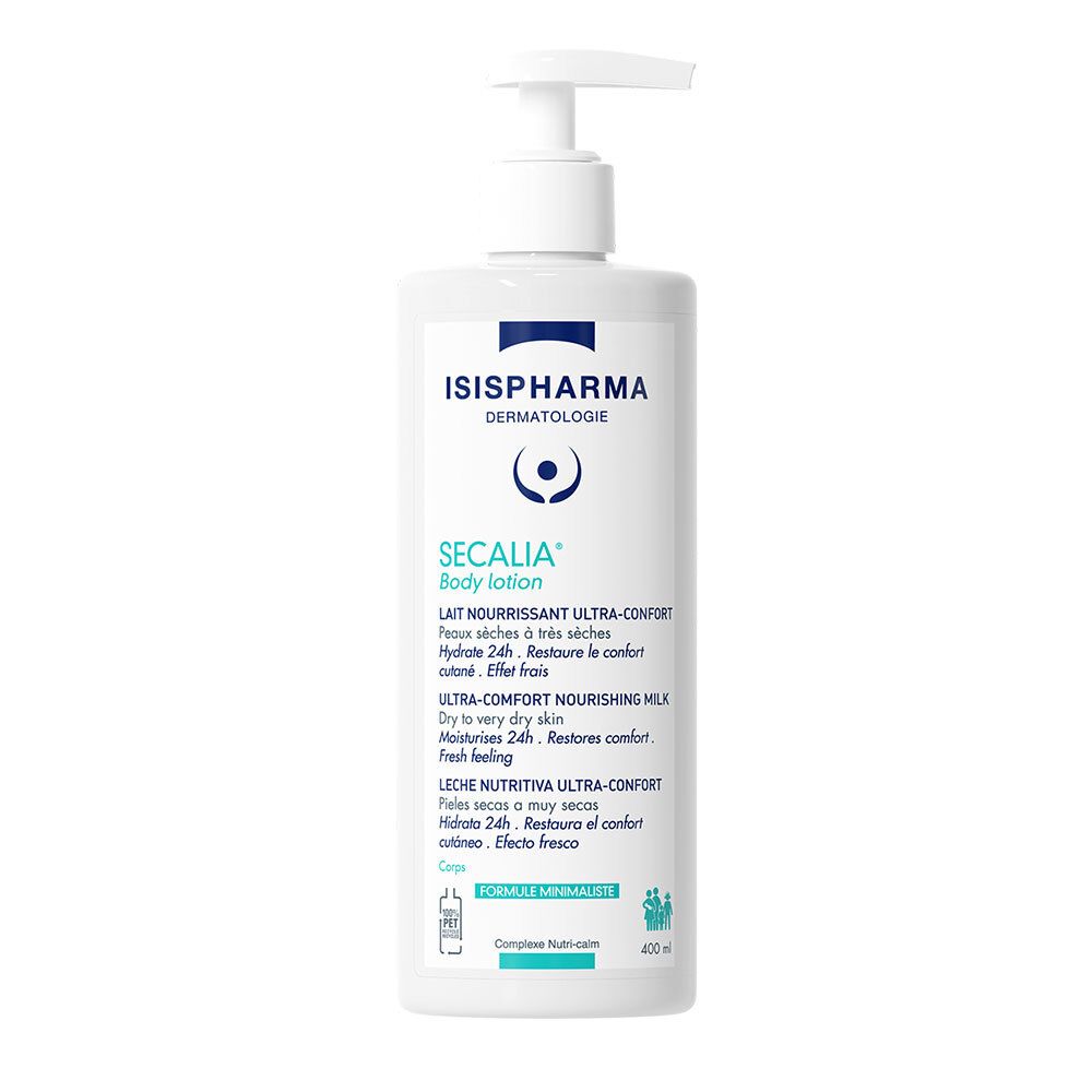 Witte fles ISISPHARMA Secalia Body Lotion met doseerpomp. Tekst: Lait Nourrissant Ultra-Confort, Hydrate 24h, Ultra-Comfort Nourishing Milk.