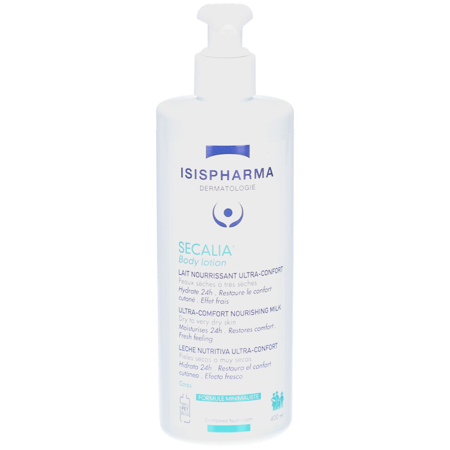 Witte fles ISISPHARMA Secalia Body Lotion met doseerpomp. Tekst: Lait Nourrissant Ultra-Confort, Hydrate 24h, Ultra-Comfort Nourishing Milk.