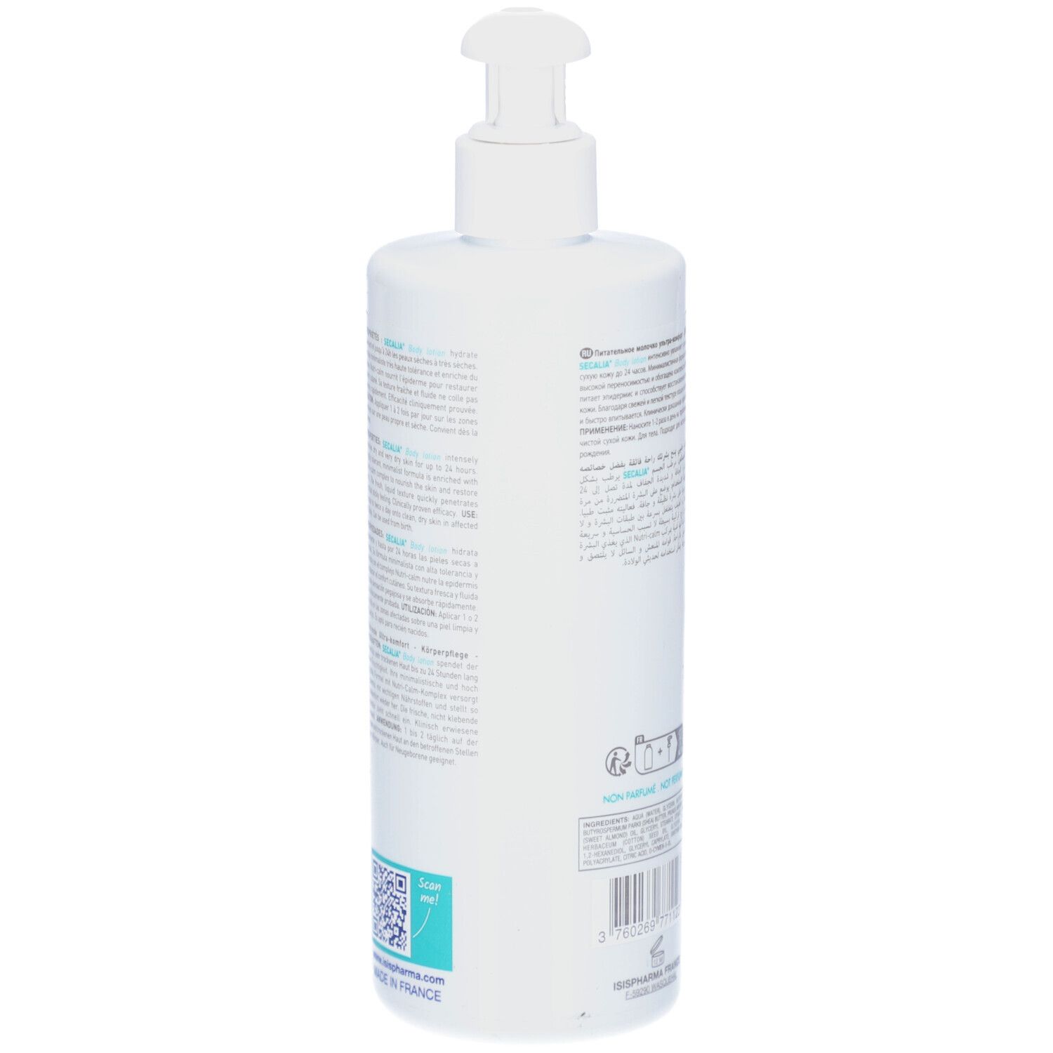 Witte fles ISISPHARMA Secalia Body Lotion met doseerpomp. Tekst: Lait Nourrissant Ultra-Confort, Hydrate 24h, Ultra-Comfort Nourishing Milk.