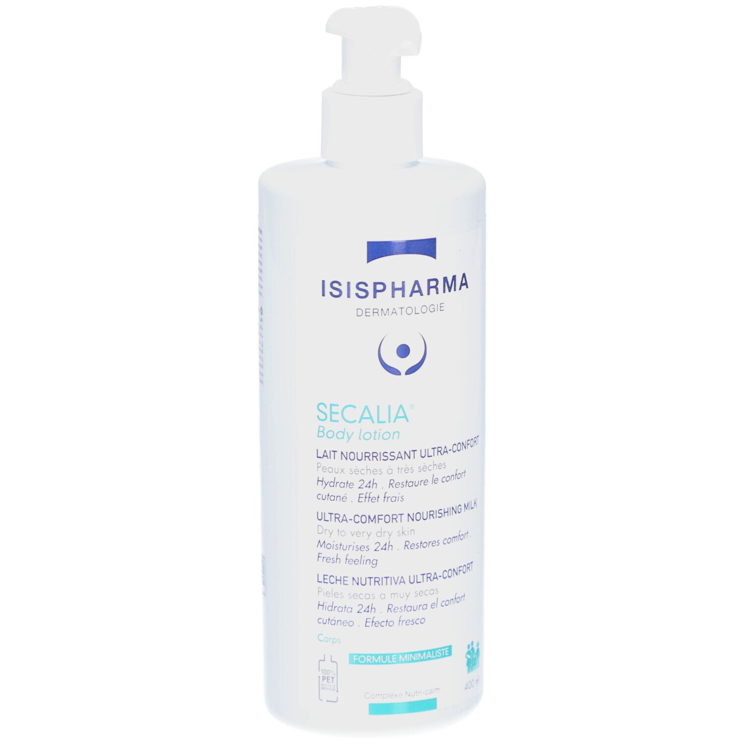 Witte fles ISISPHARMA Secalia Body Lotion met doseerpomp. Tekst: Lait Nourrissant Ultra-Confort, Hydrate 24h, Ultra-Comfort Nourishing Milk.