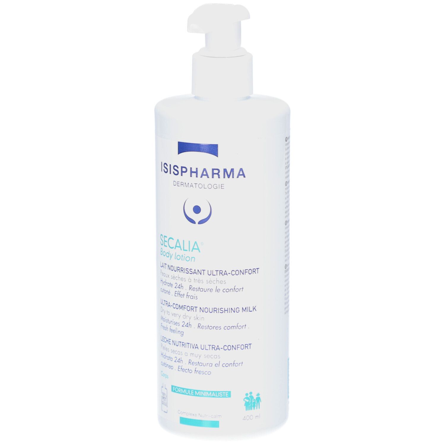 Witte fles ISISPHARMA Secalia Body Lotion met doseerpomp. Tekst: Lait Nourrissant Ultra-Confort, Hydrate 24h, Ultra-Comfort Nourishing Milk.