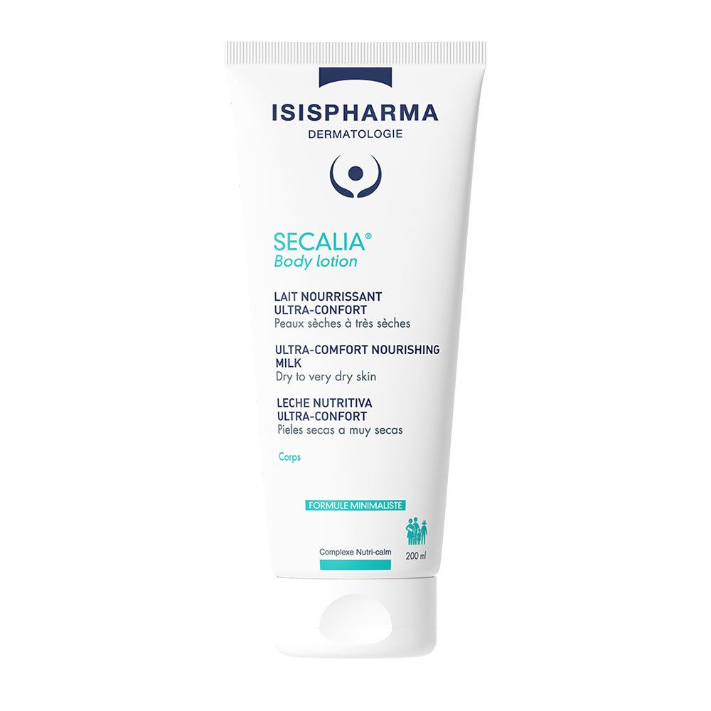 Tube blanc ISISPHARMA Secalia Body Lotion. Inscriptions en français et anglais. Bouchon en bas.