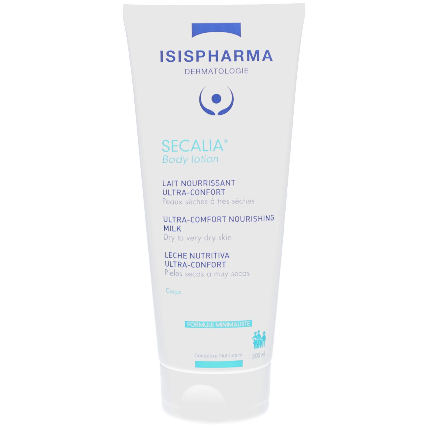 Tube blanc ISISPHARMA Secalia Body Lotion. Inscriptions en français et anglais. Bouchon en haut.