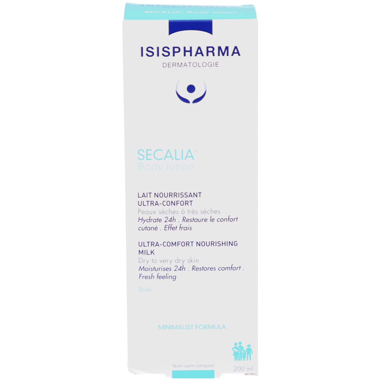 Emballage blanc avec logo ISISPHARMA et Secalia Body Lotion. Texte en français et anglais. Accents bleus.