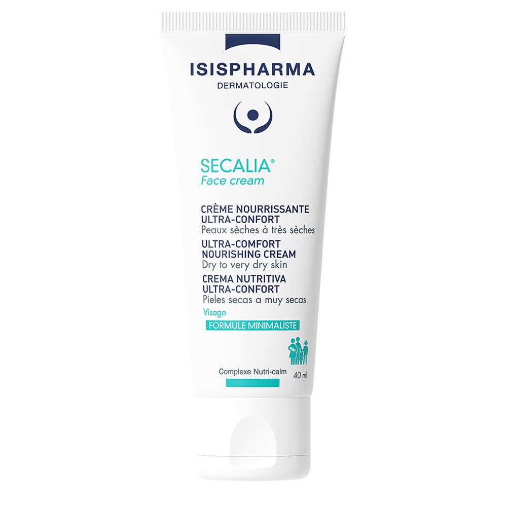 Witte tube met blauwe tekst. ISISPHARMA logo. SECALIA Face cream. Crème voor een droge tot zeer droge huid.