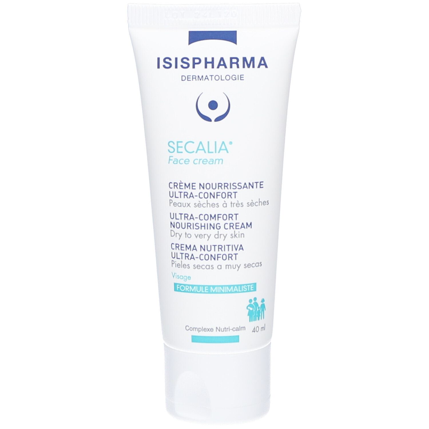 Witte tube met blauwe tekst. ISISPHARMA logo. SECALIA Face cream. Crème voor een droge tot zeer droge huid.