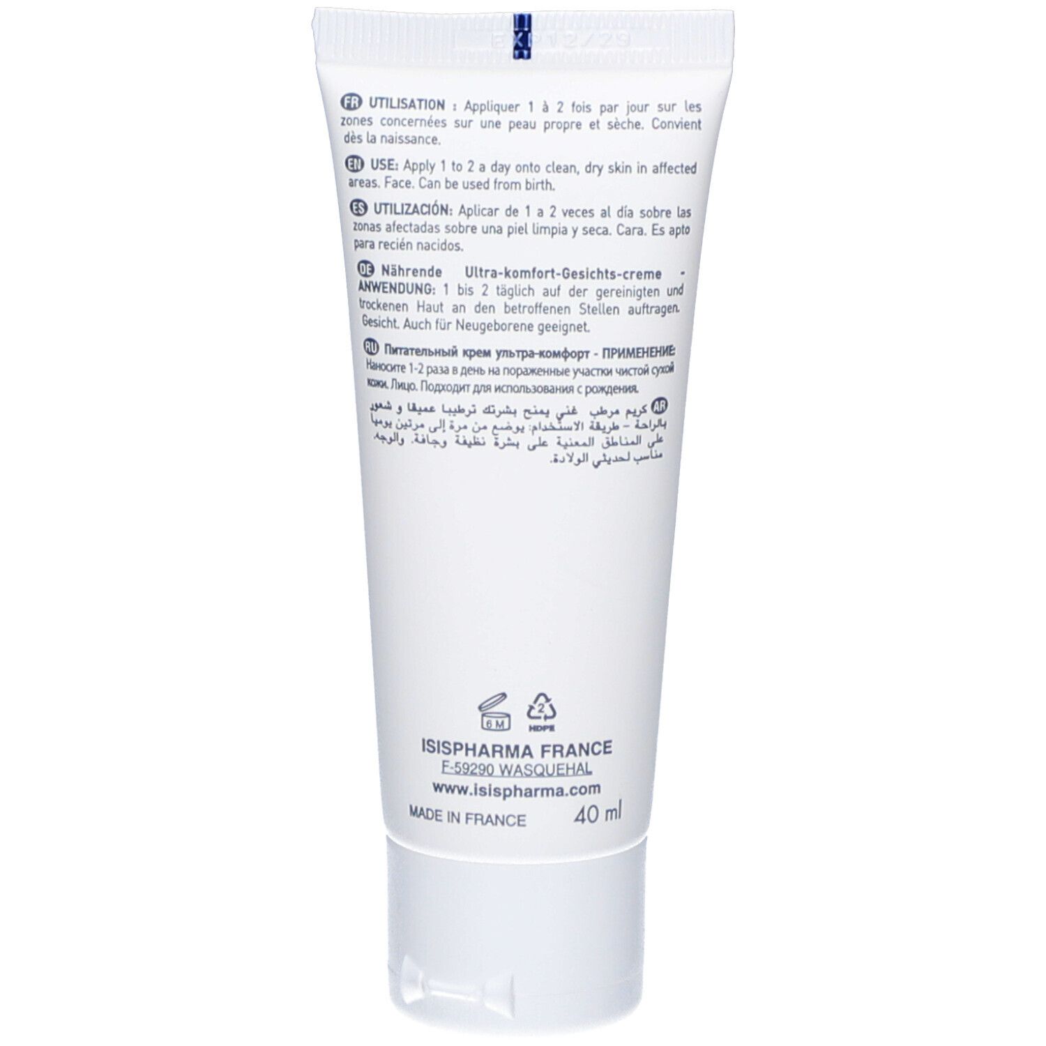 Achterkant van de tube. Meertalige tekst. ISISPHARMA FRANCE. 40 ml. Gemaakt in Frankrijk.