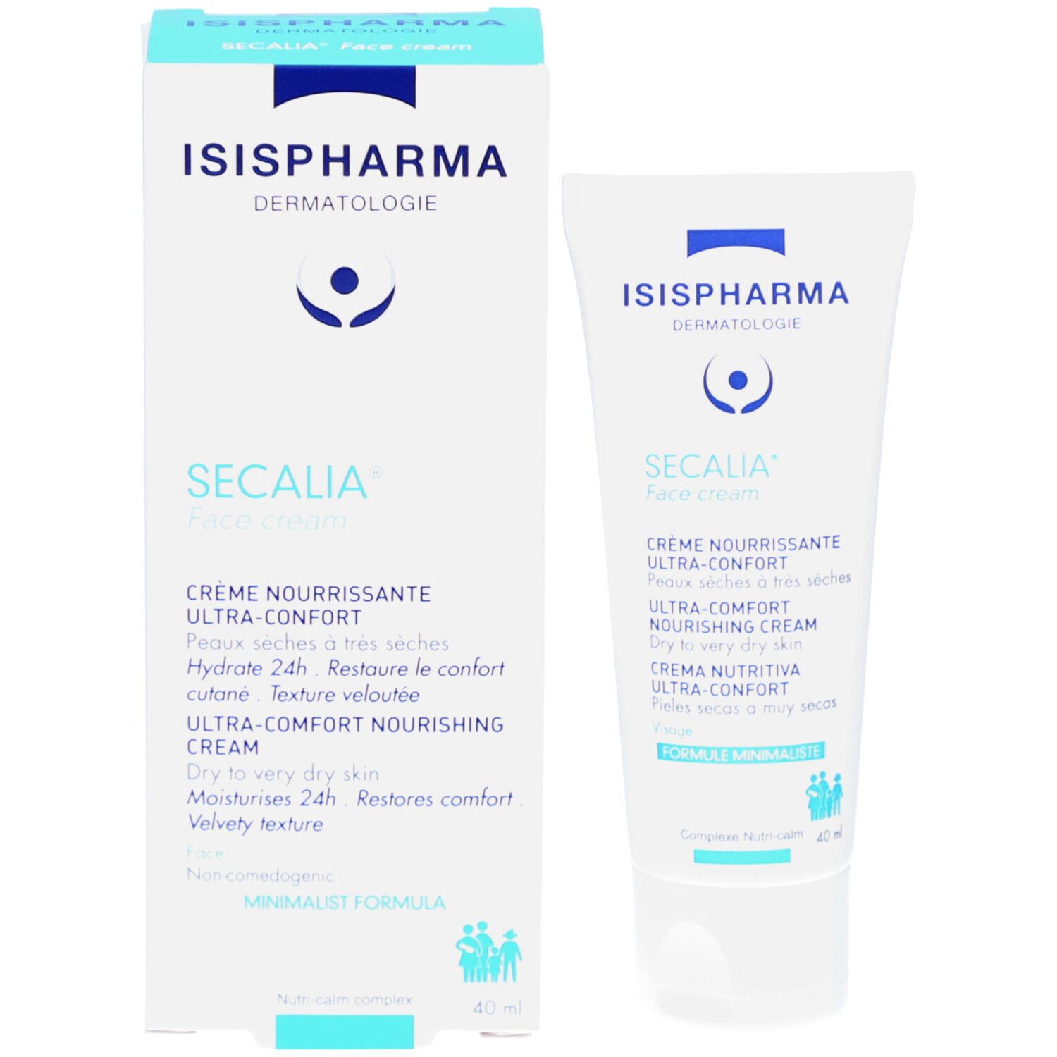 Verpakking en tube. Witte verpakking met blauwe tekst. SECALIA Face cream. Crème voor een droge huid.