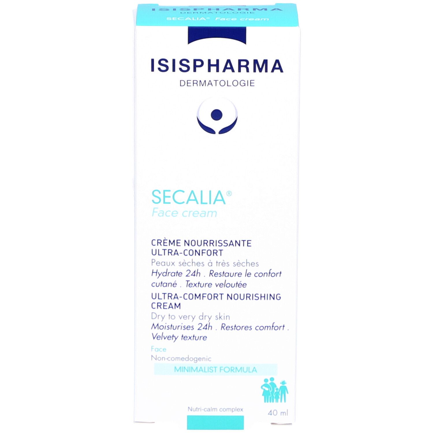 Witte verpakking met blauwe tekst. ISISPHARMA logo. SECALIA Face cream. Crème voor een droge tot zeer droge huid.
