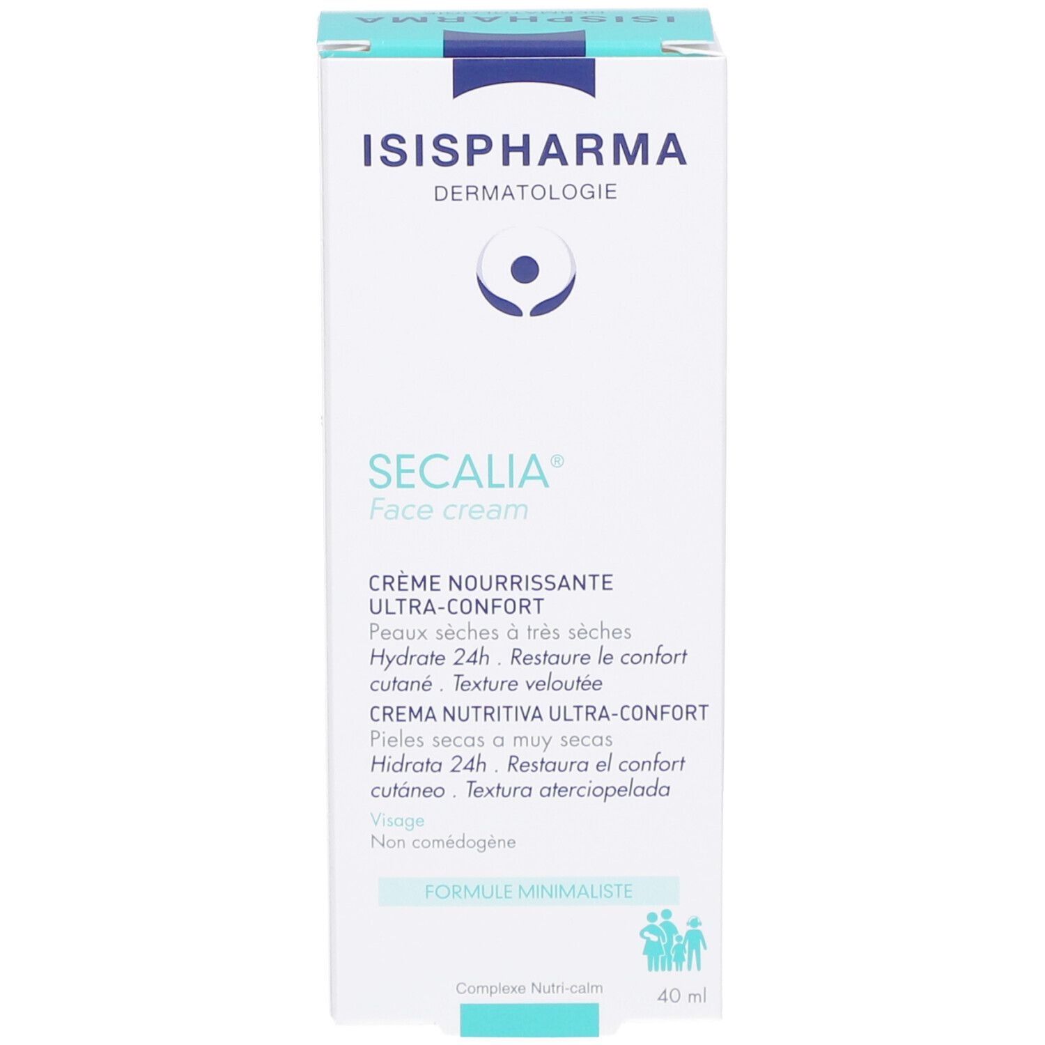 Witte verpakking met blauwe tekst. ISISPHARMA logo. SECALIA Face cream. Crème voor een droge tot zeer droge huid.
