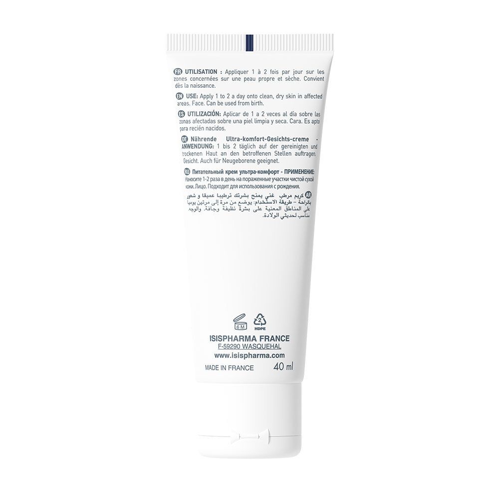 Achterkant van de tube. Meertalige tekst. ISISPHARMA FRANCE. 40 ml. Gemaakt in Frankrijk.