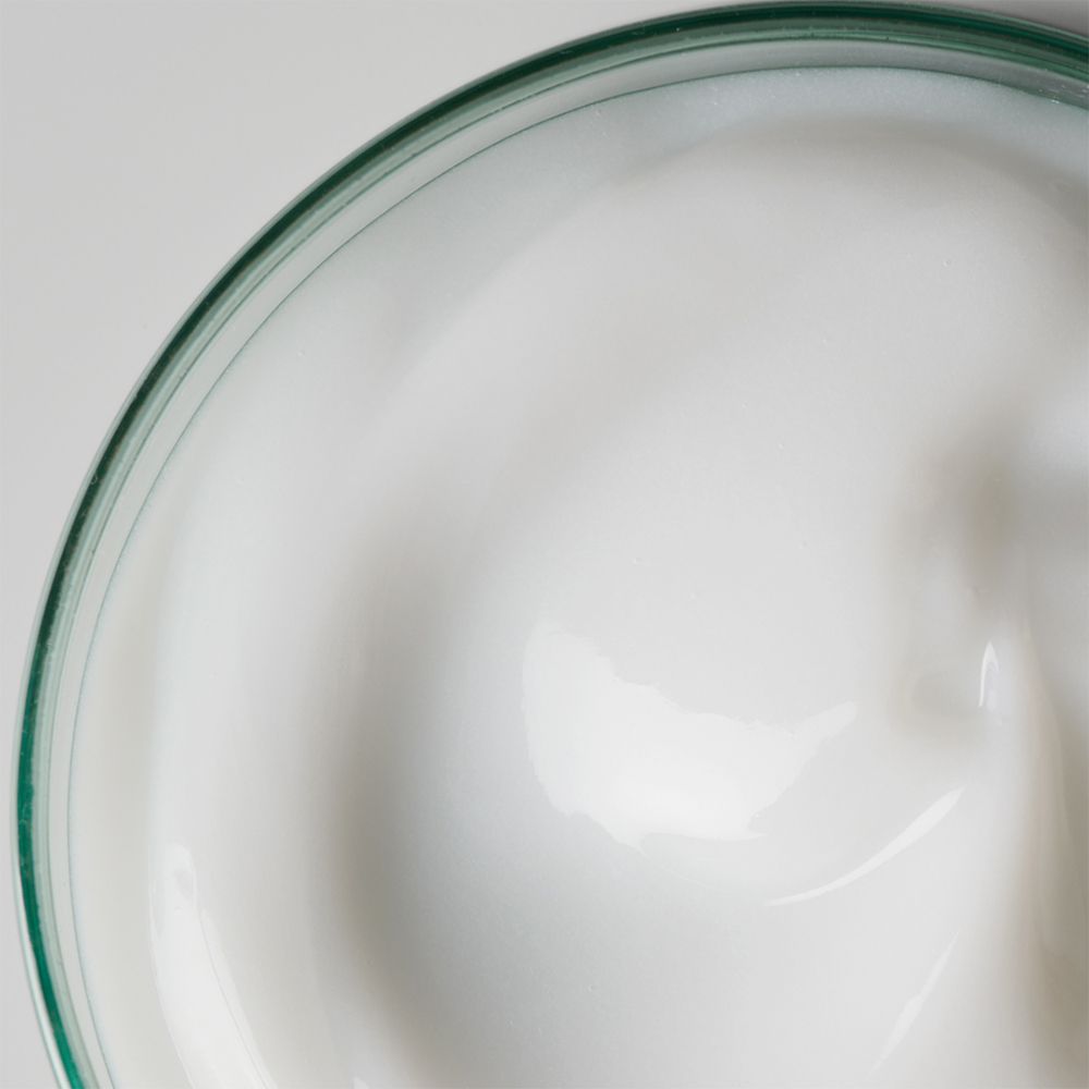 Close-up van een witte, romige substantie in een glazen kom met groene rand.