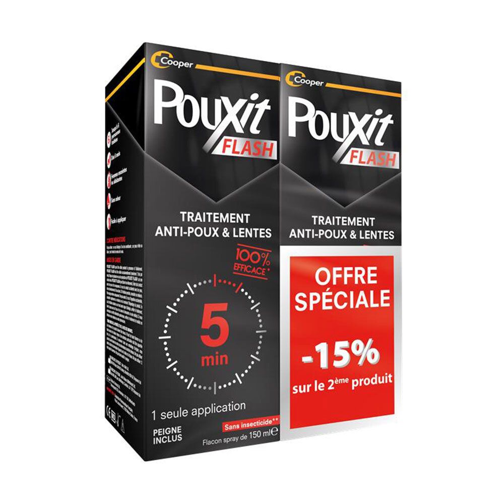 Twee dozen POUXIT Flash. Zwarte verpakking met rode en witte tekst. Aanbieding: -15% op het tweede product.