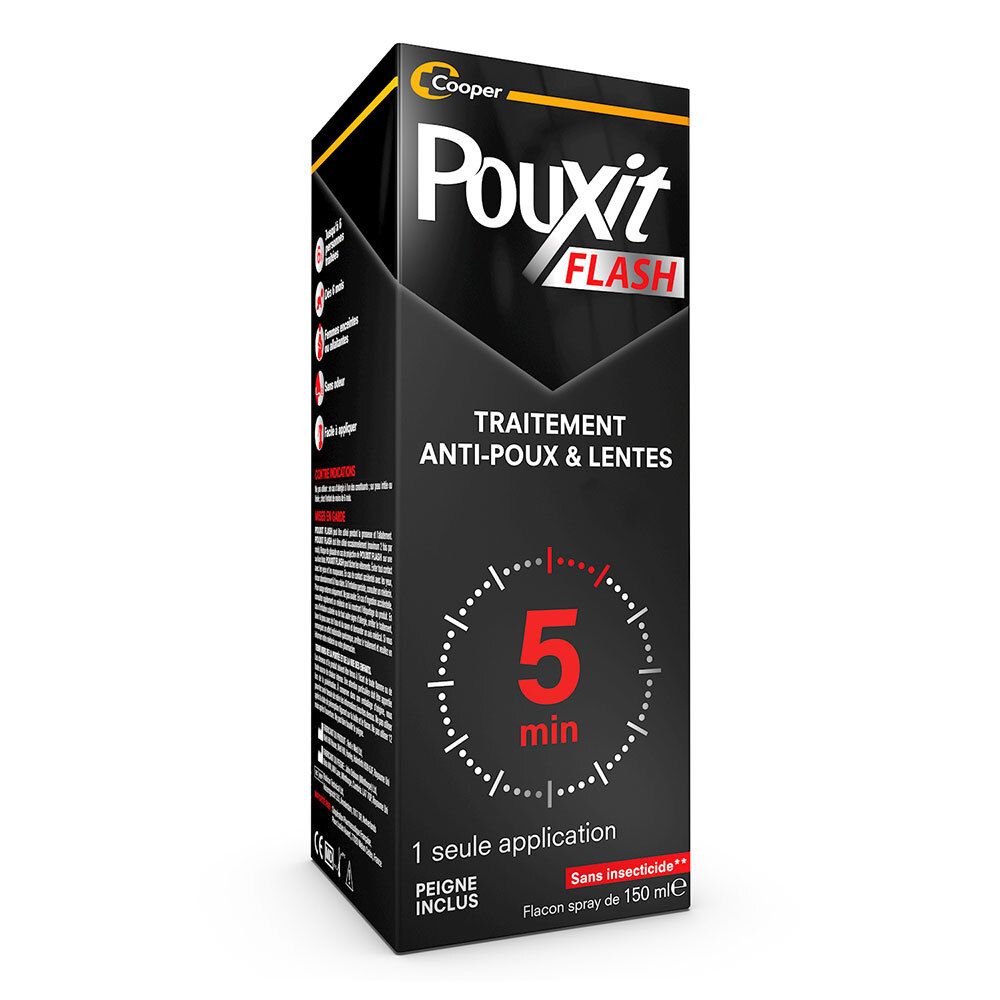 Zwarte doos POUXIT Flash. Bevat tekst en een klok die 5 minuten aangeeft. Met kam.