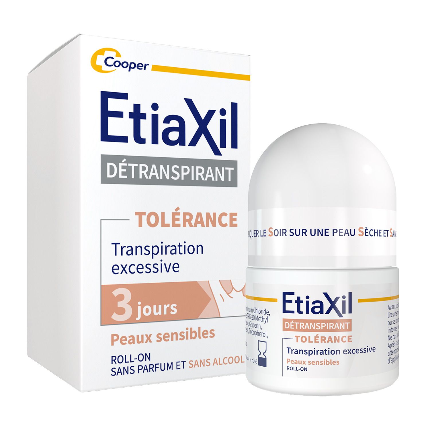 EtiaXil Détranspirant Roll-On en verpakking. Opschrift: Détranspirant, Tolérance, 3 dagen, Peaux sensibles, Roll-On.