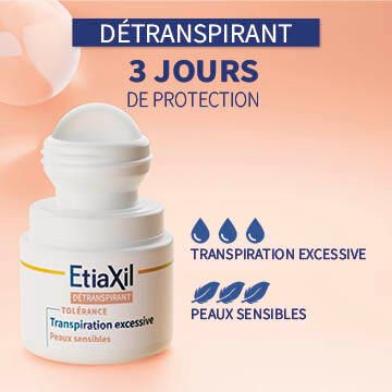EtiaXil Détranspirant Roll-On. Tekst: Détranspirant, 3 dagen bescherming, Transpiration excessive, Peaux sensibles.