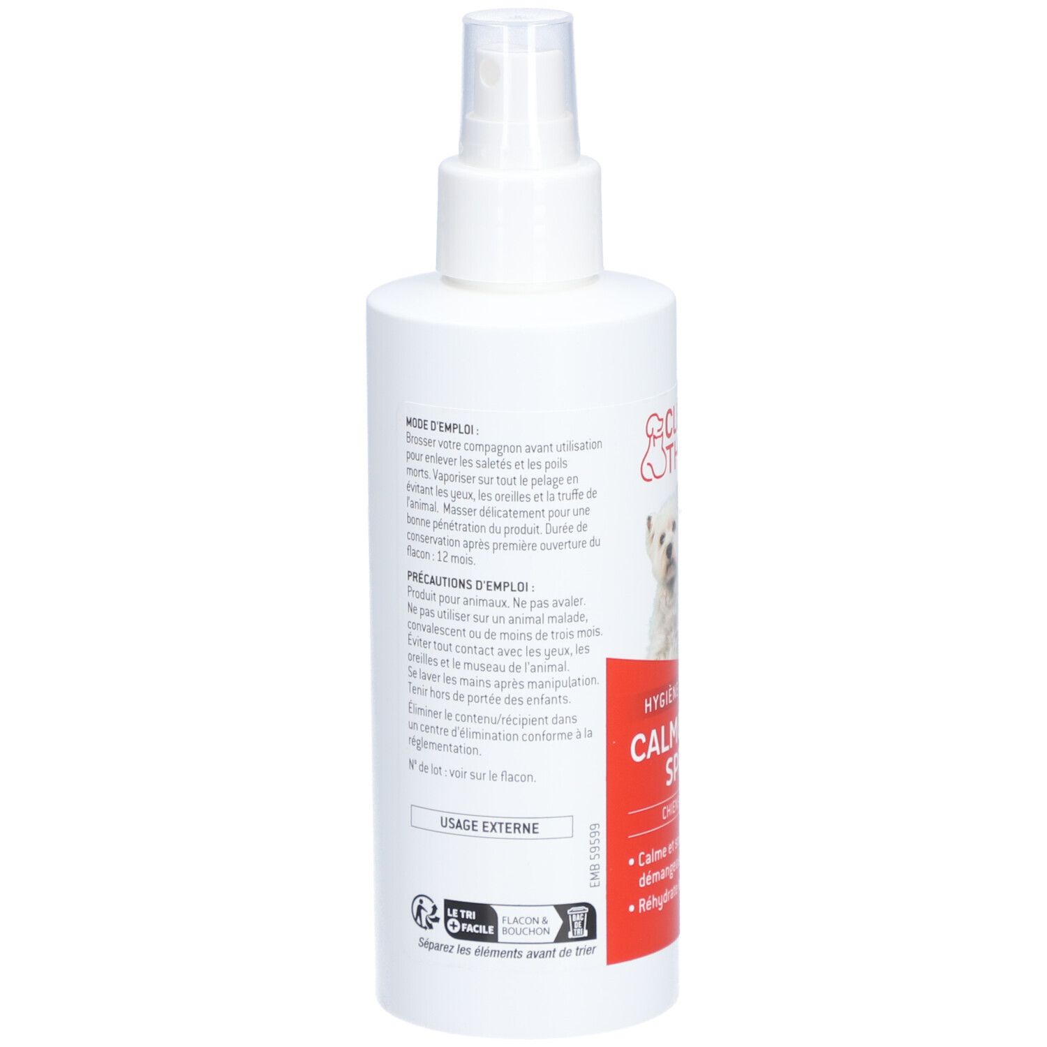 Achterkant van de witte sprayfles. Franse tekst. Bevat informatie over gebruik en voorzorgsmaatregelen.