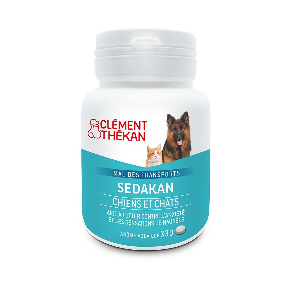 Witte fles met blauw etiket. Opschrift: Clément Thékan, Sedakan, voor honden en katten. Bevat 30 tabletten.