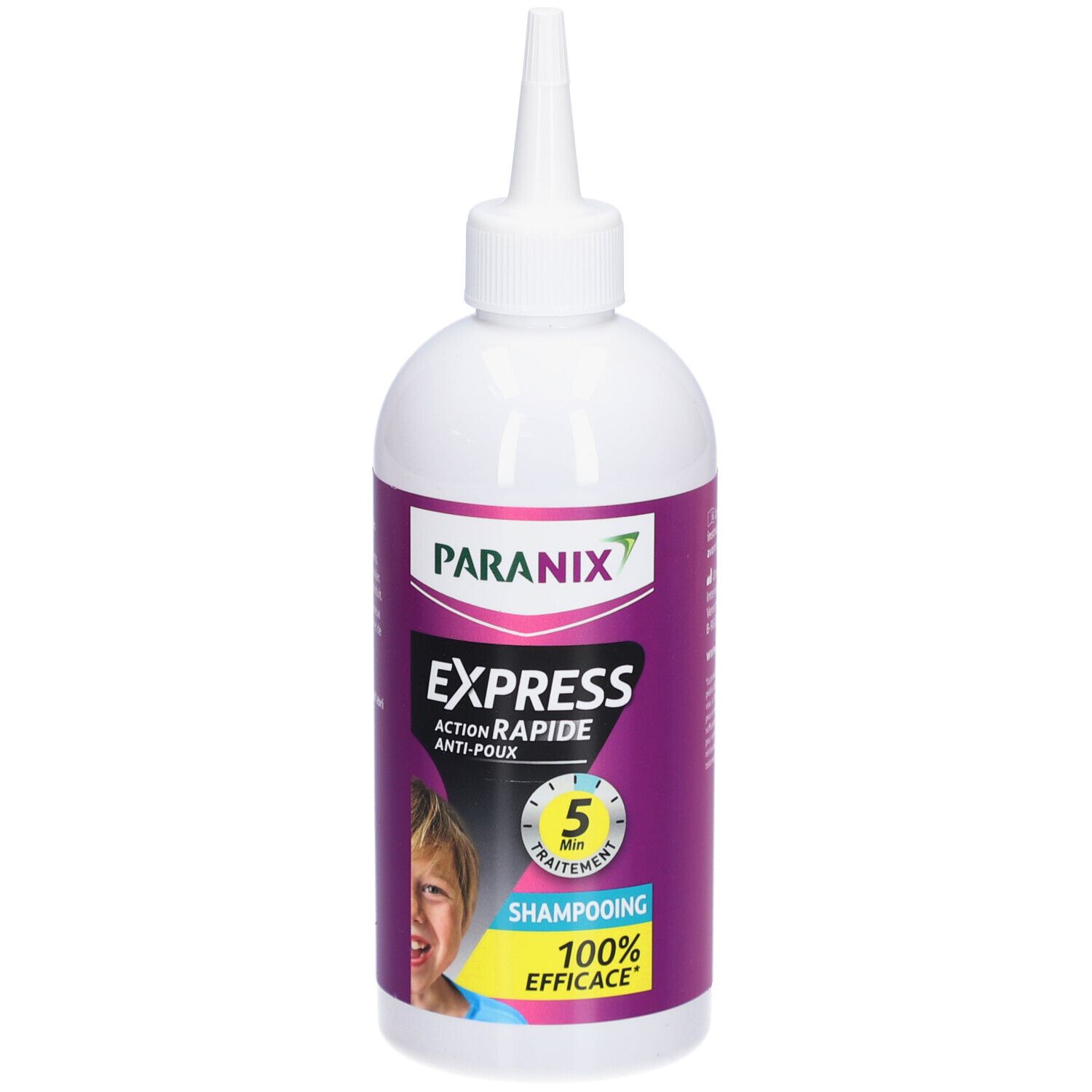 Witte fles met doseertuit. Paars etiket met PARANIX, EXPRESS, ACTION RAPIDE ANTI-POUX, 5 min, SHAMPOOING, 100% EFFICACE.