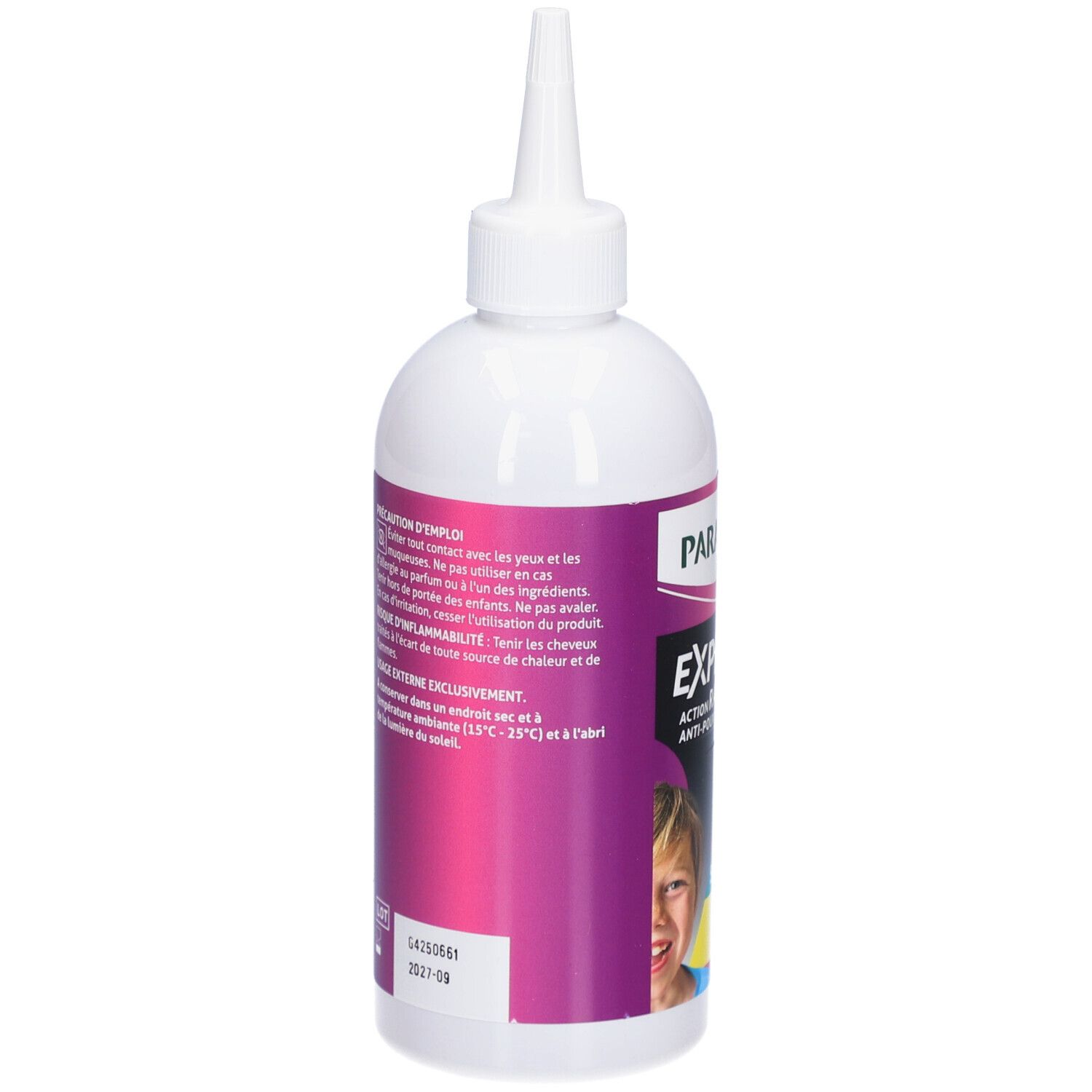 Witte fles met doseertuit. Achterkant met tekst en etiket. Etiket met PARANIX, EXPRESS, ACTION RAPIDE ANTI-POUX, 5 min, SHAMPOOING.