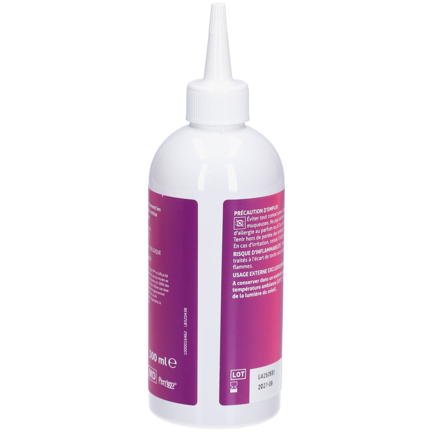 Witte fles met doseertuit. Achterkant met tekst en etiket. Etiket met PARANIX, EXPRESS, ACTION RAPIDE ANTI-POUX, 5 min, SHAMPOOING.