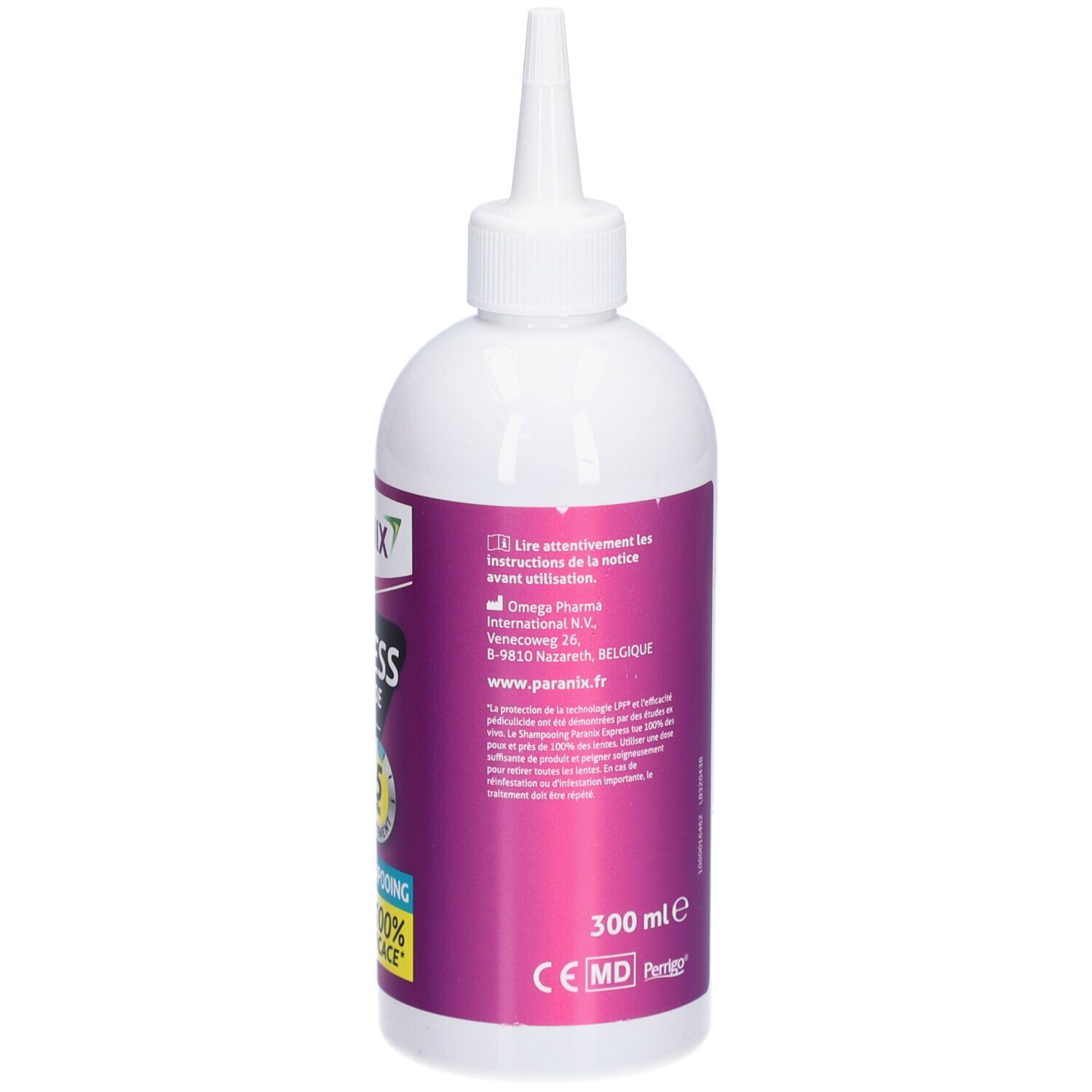 Witte fles met doseertuit. Achterkant met tekst en etiket. Etiket met PARANIX, EXPRESS, ACTION RAPIDE ANTI-POUX, 5 min, SHAMPOOING, 300 ml.