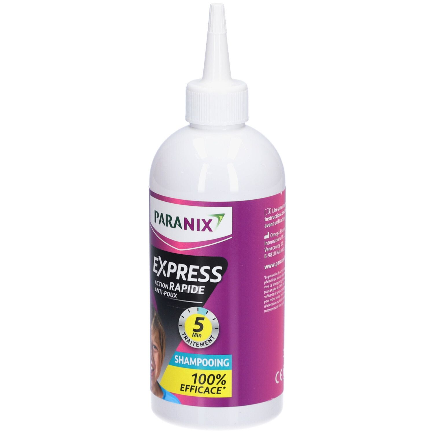 Witte fles met doseertuit. Paars etiket met PARANIX, EXPRESS, ACTION RAPIDE ANTI-POUX, 5 min, SHAMPOOING, 100% EFFICACE.