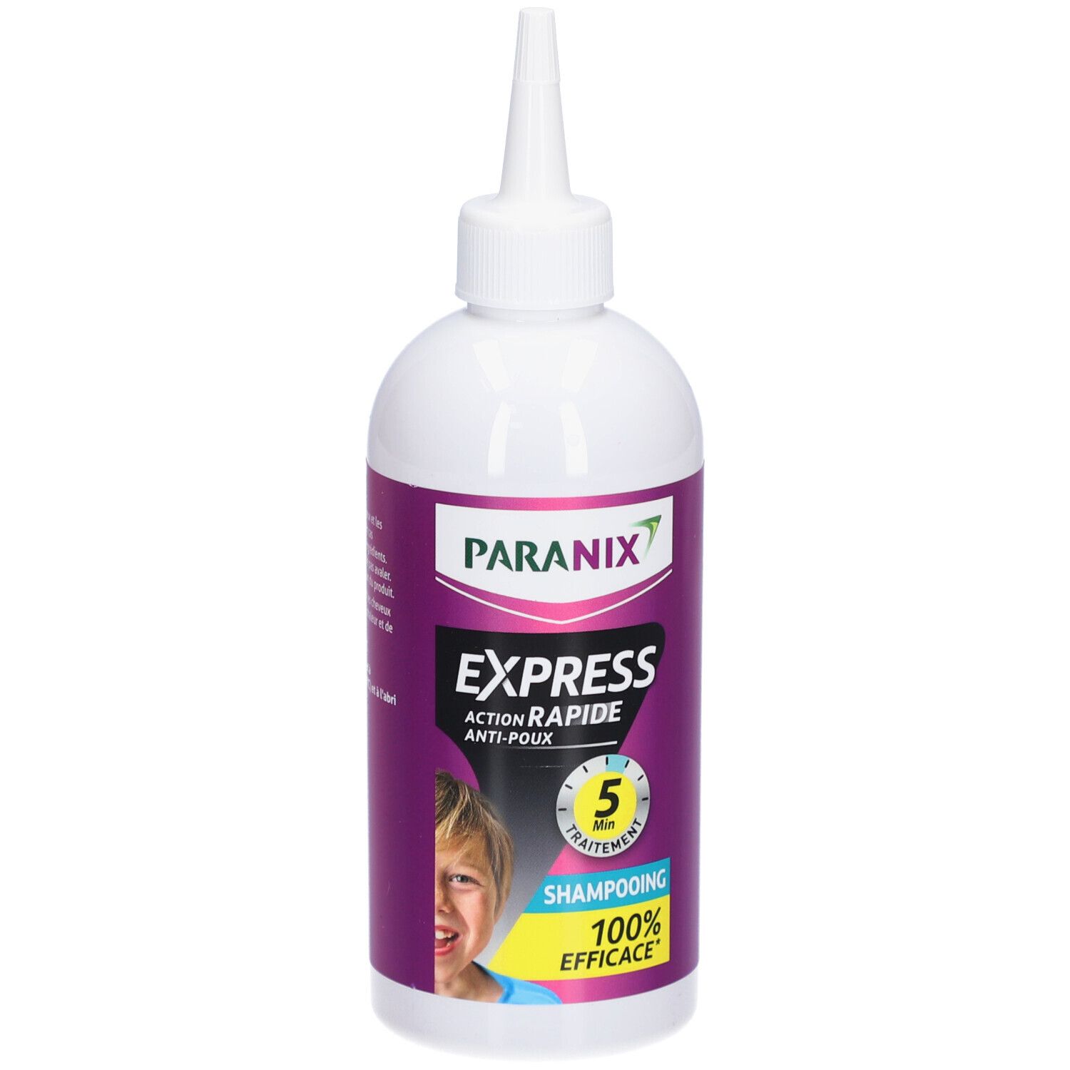 Witte fles met doseertuit. Paars etiket met PARANIX, EXPRESS, ACTION RAPIDE ANTI-POUX, 5 min, SHAMPOOING, 100% EFFICACE.
