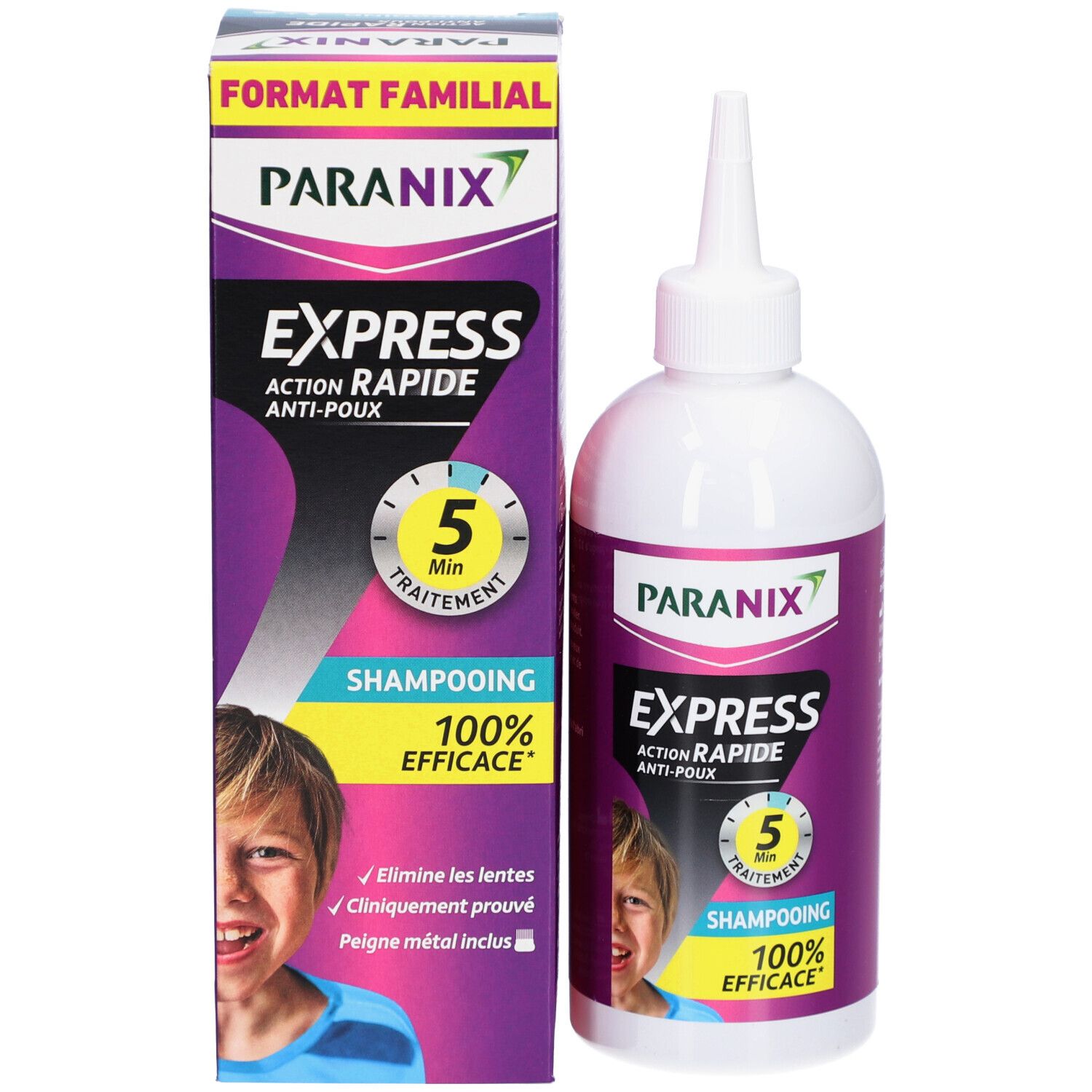 Verpakking en fles. Verpakking met PARANIX, EXPRESS, ACTION RAPIDE ANTI-POUX, 5 min, SHAMPOOING, 100% EFFICACE. Fles met doseertuit.