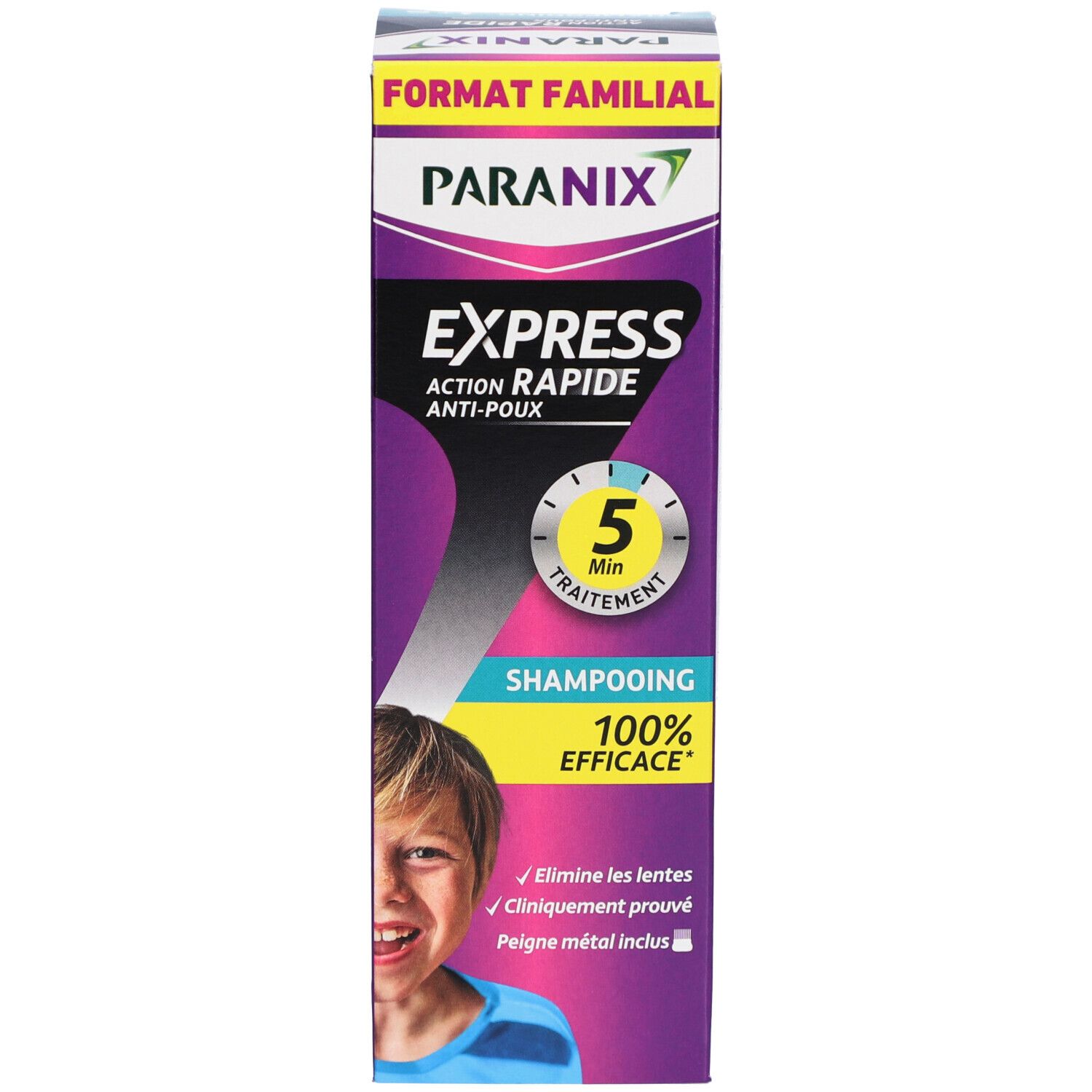 Productverpakking. Verpakking met PARANIX, EXPRESS, ACTION RAPIDE ANTI-POUX, 5 min, SHAMPOOING, 100% EFFICACE. Bevat metalen kam.