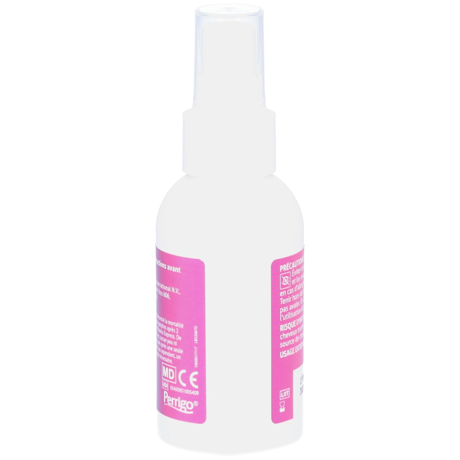 Flacon spray blanc avec étiquette rose. Texte : MD CE, fabricant. Usage externe uniquement.