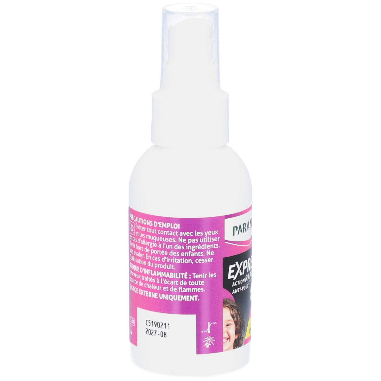 Flacon spray blanc avec étiquette rose. Texte : Précautions d'emploi, usage externe uniquement. Ne pas avaler.