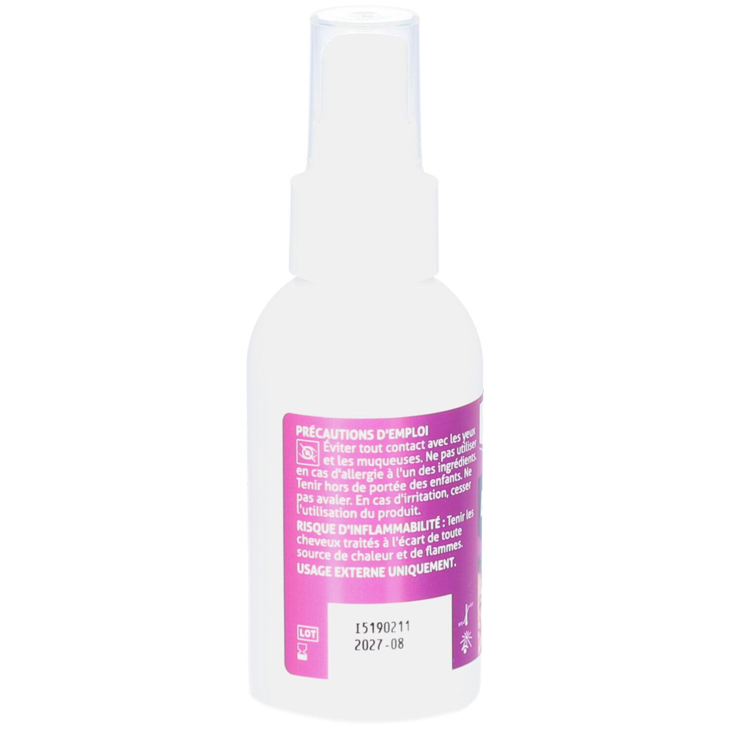 Flacon spray blanc avec étiquette rose. Texte : Précautions d'emploi, usage externe uniquement. Ne pas avaler.