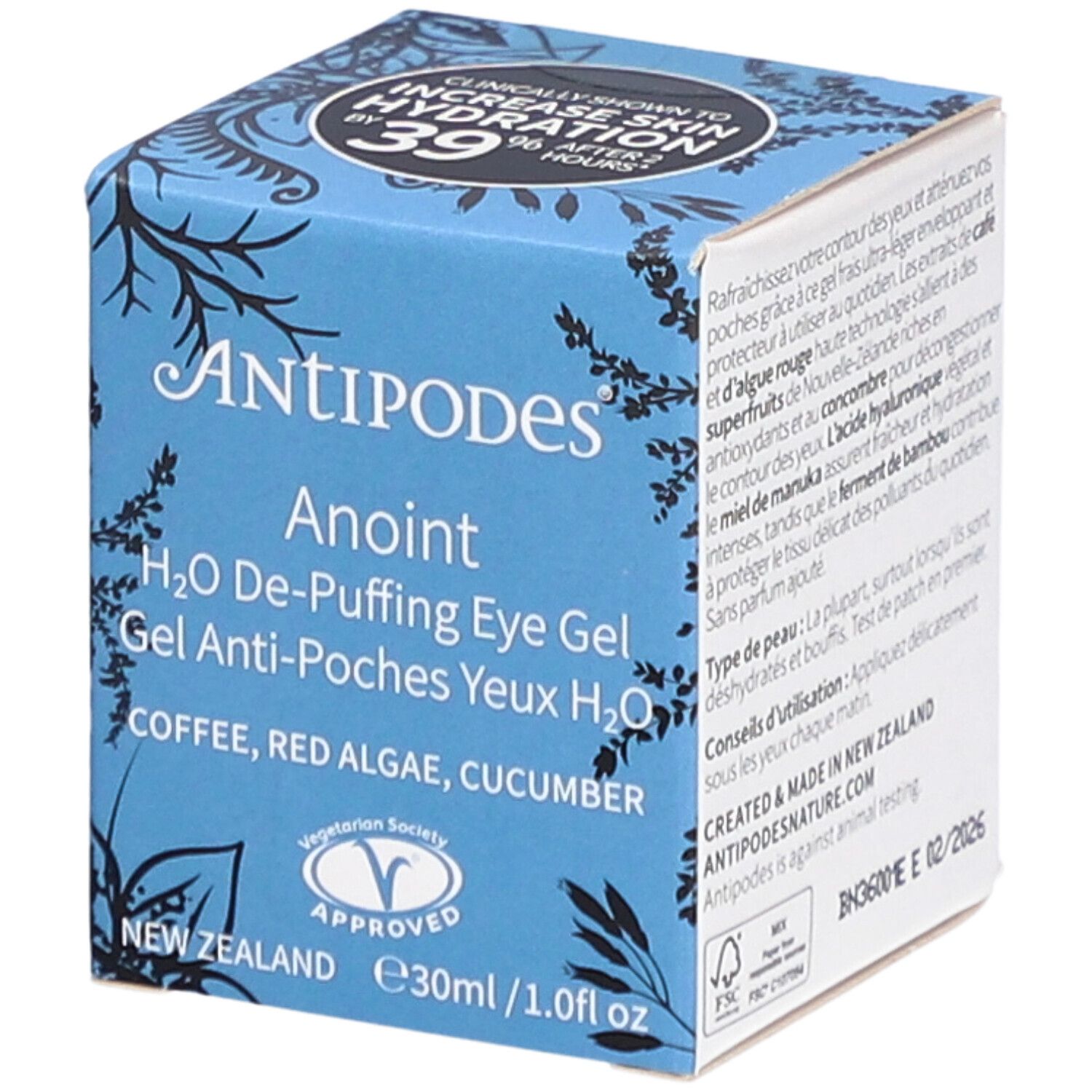 Blauwe doos met "ANTIPODES Anoint" en productinformatie. Bevat het Vegetarian Society-logo.