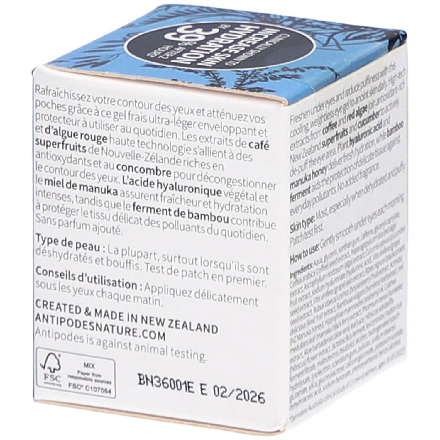 Doos met productinformatie en ingrediënten. Bevat informatie over huidtype en gebruik. Merk: ANTIPODES.
