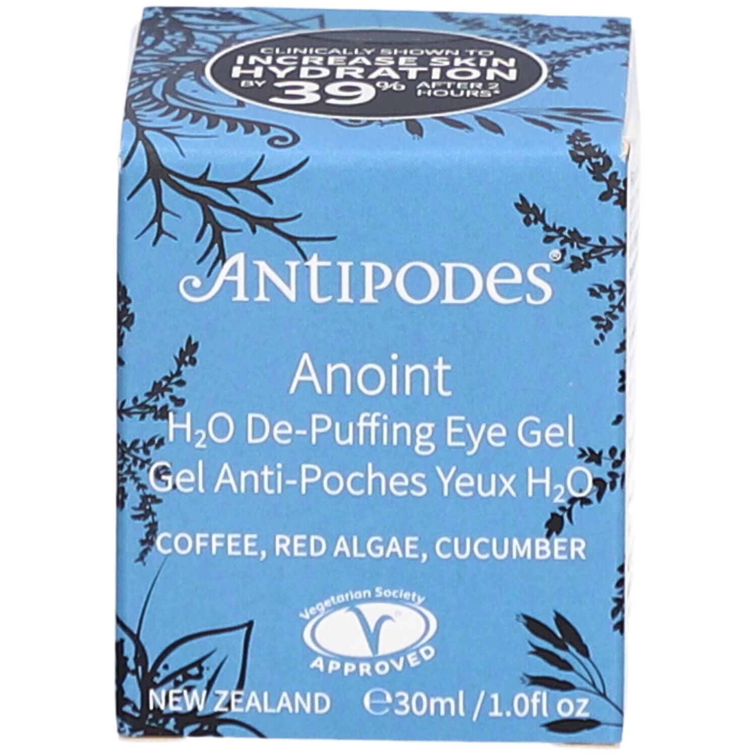 Blauwe doos met "ANTIPODES Anoint" en productinformatie. Bevat het Vegetarian Society-logo.
