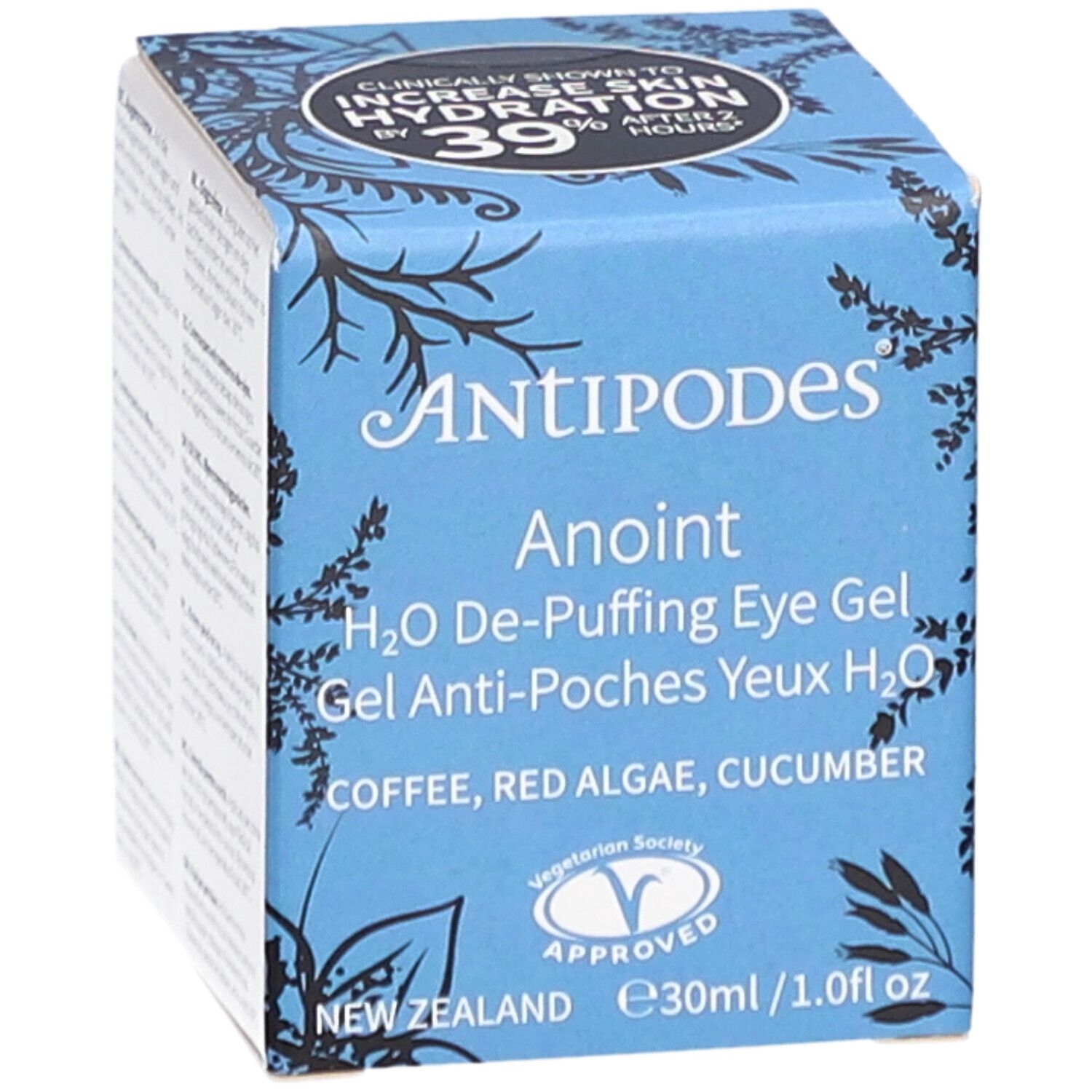 Blauwe doos met "ANTIPODES Anoint" en productinformatie. Bevat het Vegetarian Society-logo.