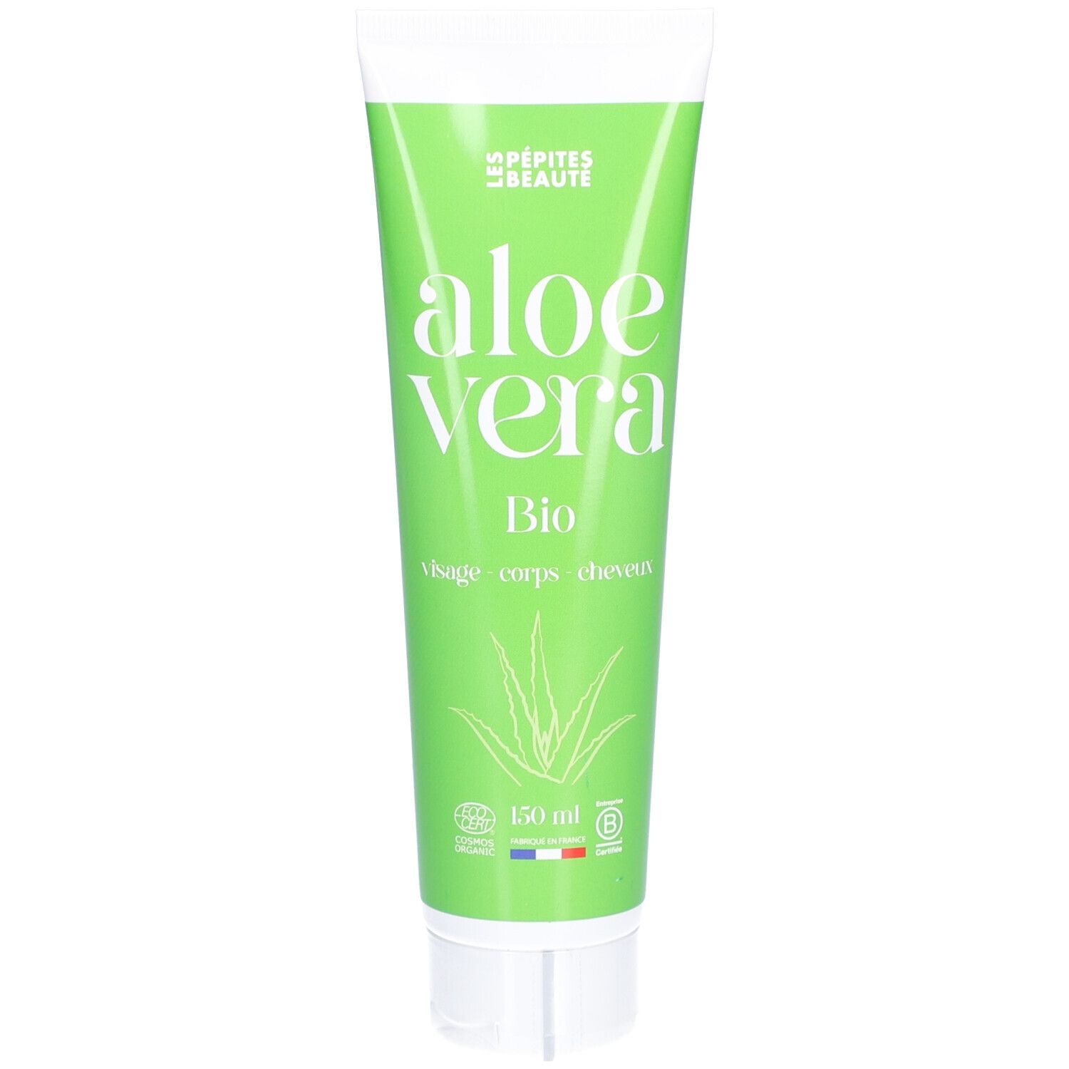 Groene tube met "aloe vera" opschrift. "Bio" en "Visage - corps - cheveux" eronder. Logo "LES PÉPITES BEAUTÉ".