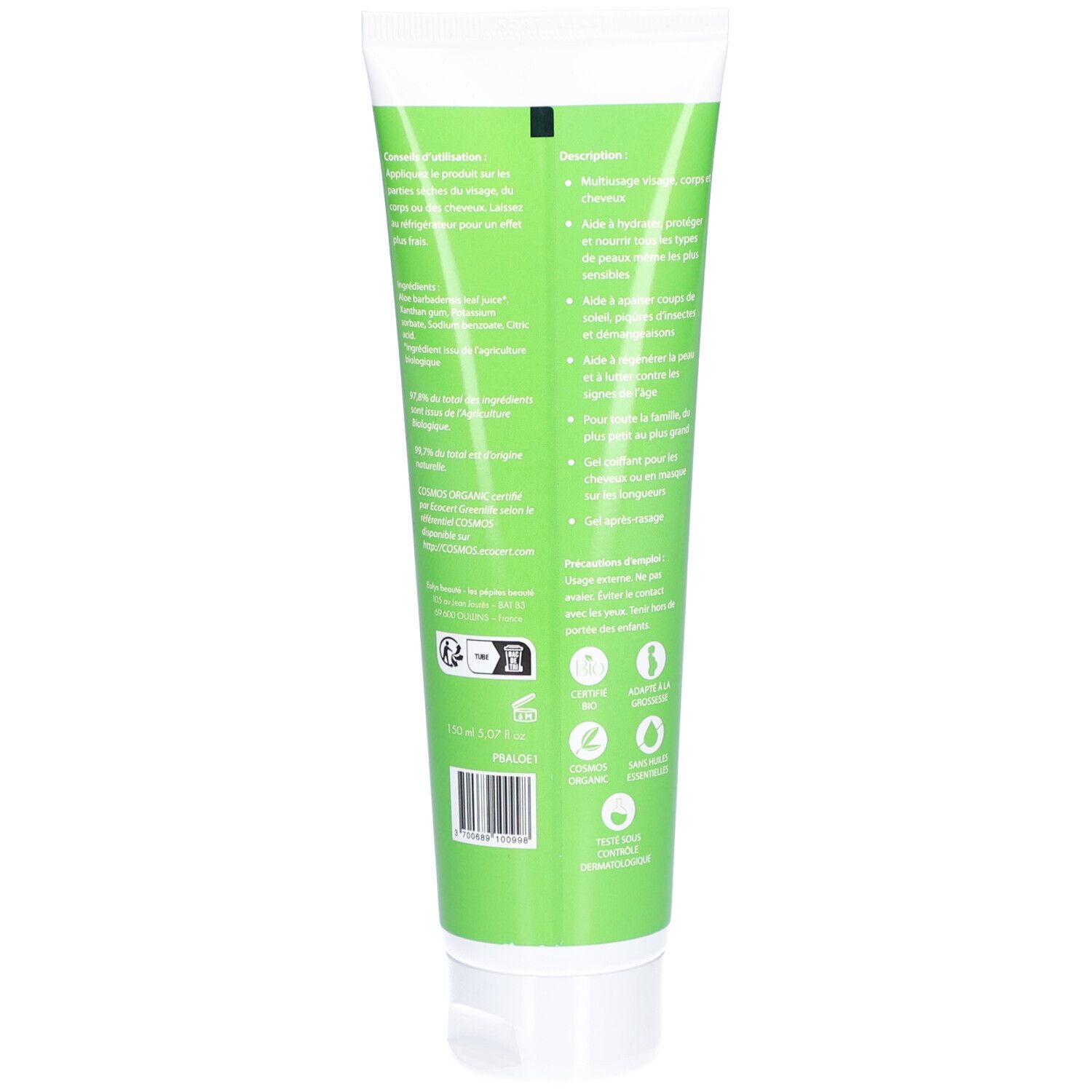 Achterkant van de groene tube. Franse tekst. Logo's en certificeringen. Barcode en volume-aanduiding.