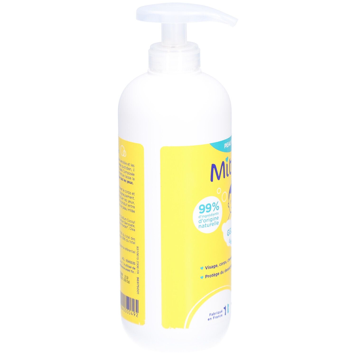 Witte fles met geel etiket. Opschrift: Mitosyl Bain. Met pomp. Zijaanzicht.
