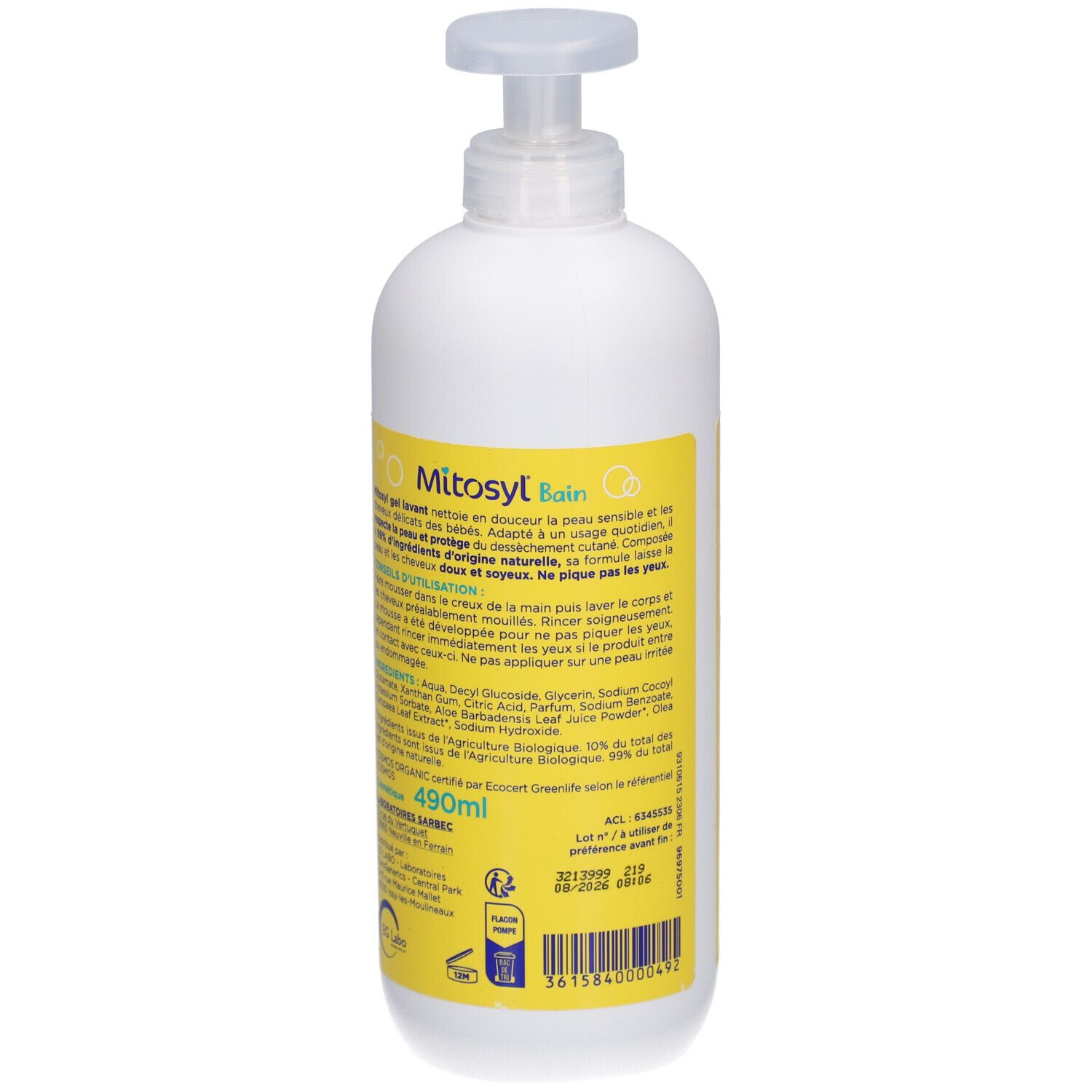 Witte fles met geel etiket. Opschrift: Mitosyl Bain. Met pomp. Achterkant met informatie.