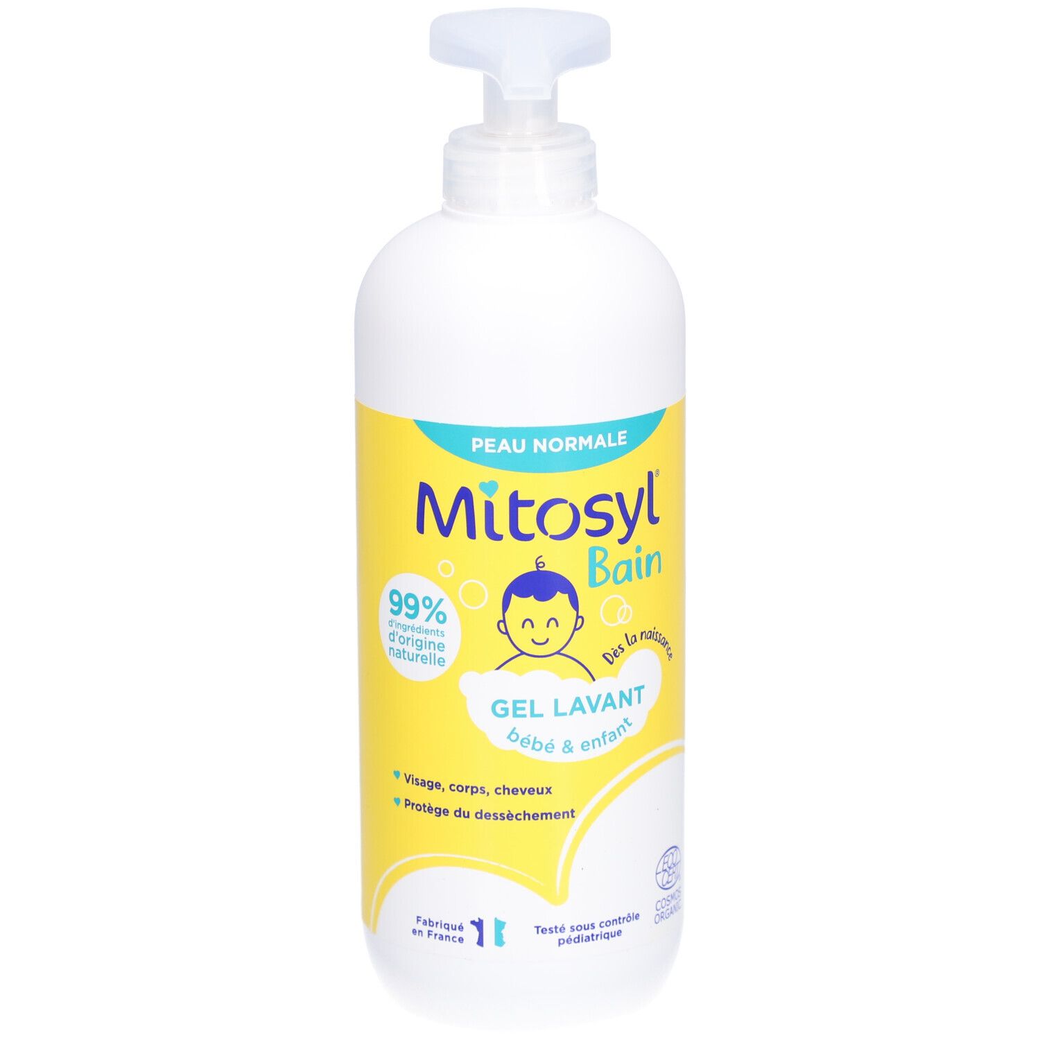Witte fles met geel etiket. Opschrift: Mitosyl Bain, Gel Lavant Bébé & Enfant Bio. Met pomp.