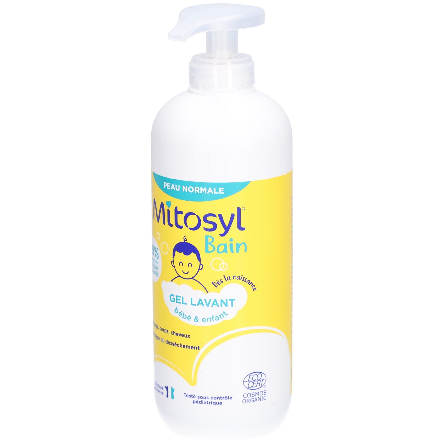 Witte fles met geel etiket. Opschrift: Mitosyl Bain, Gel Lavant Bébé & Enfant Bio. Met pomp.