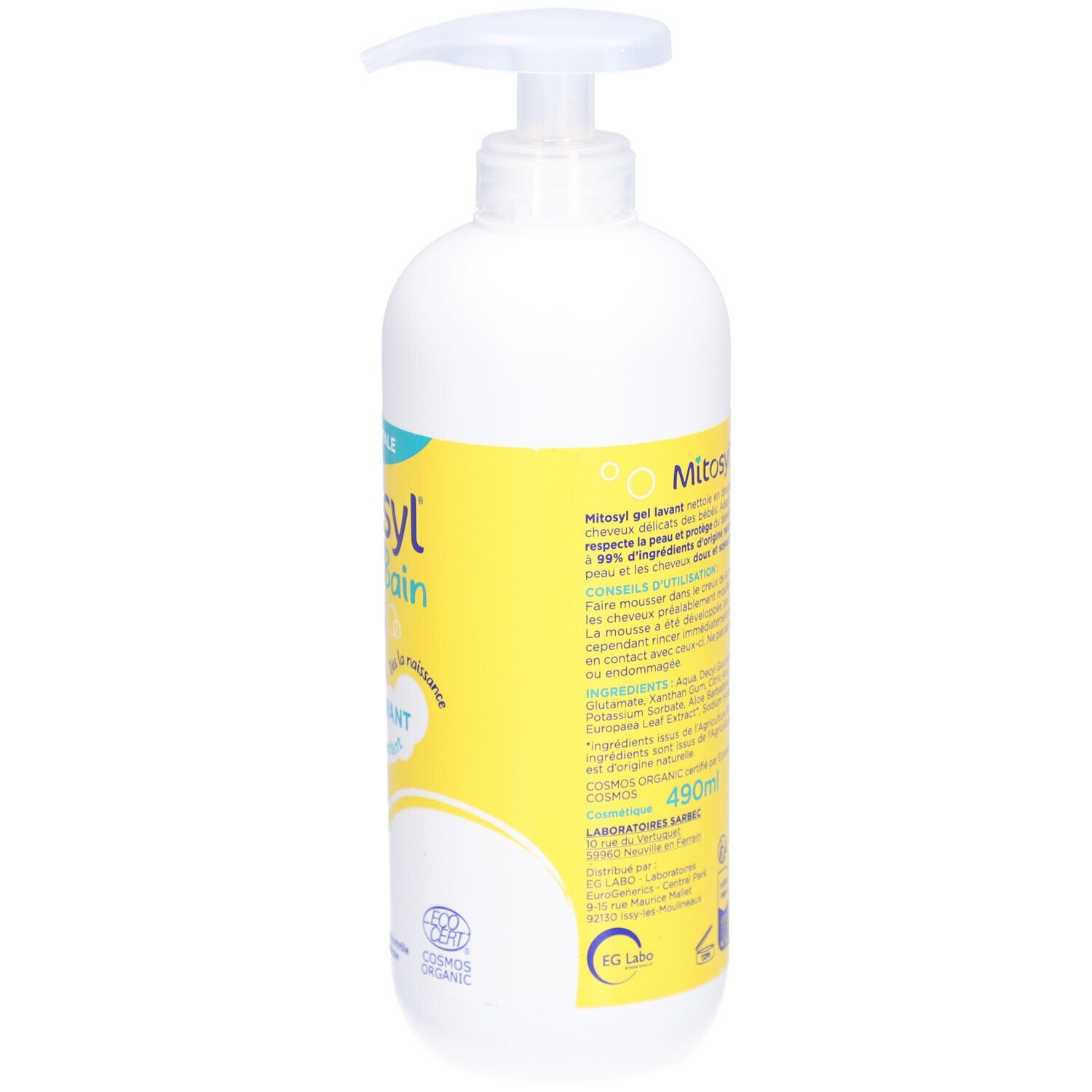 Witte fles met geel etiket. Opschrift: Mitosyl Bain. Met pomp. Achterkant met informatie.