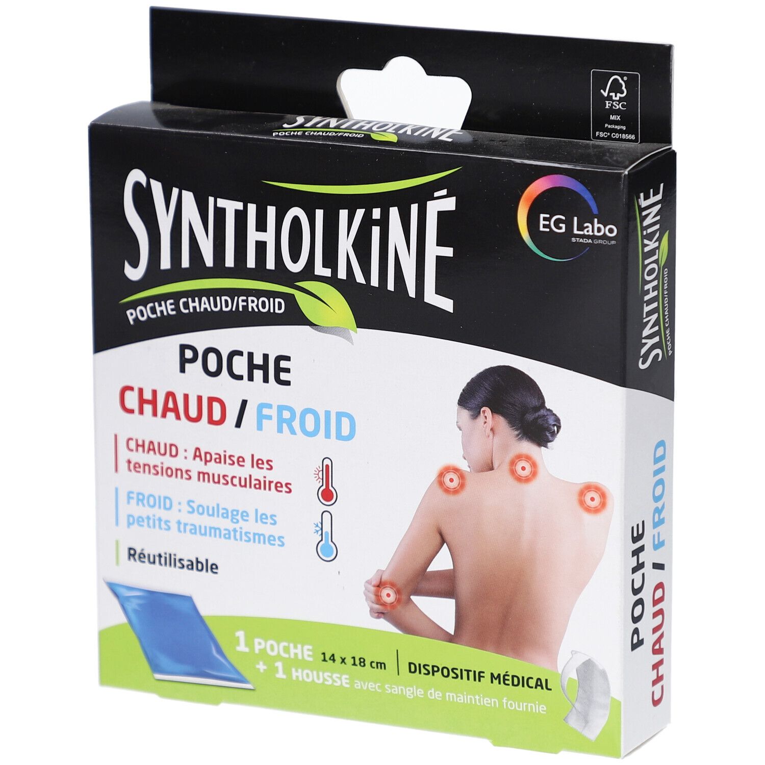 Boîte Syntholkiné Poche Chaud/Froid. Présente le produit et son utilisation. Contient une poche et une housse.