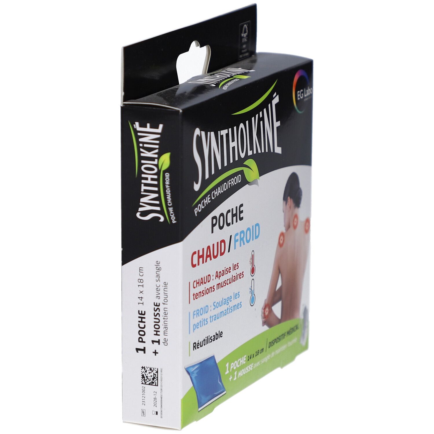 Boîte Syntholkiné Poche Chaud/Froid. Vue latérale. Montre produit et texte. Avec crochet.