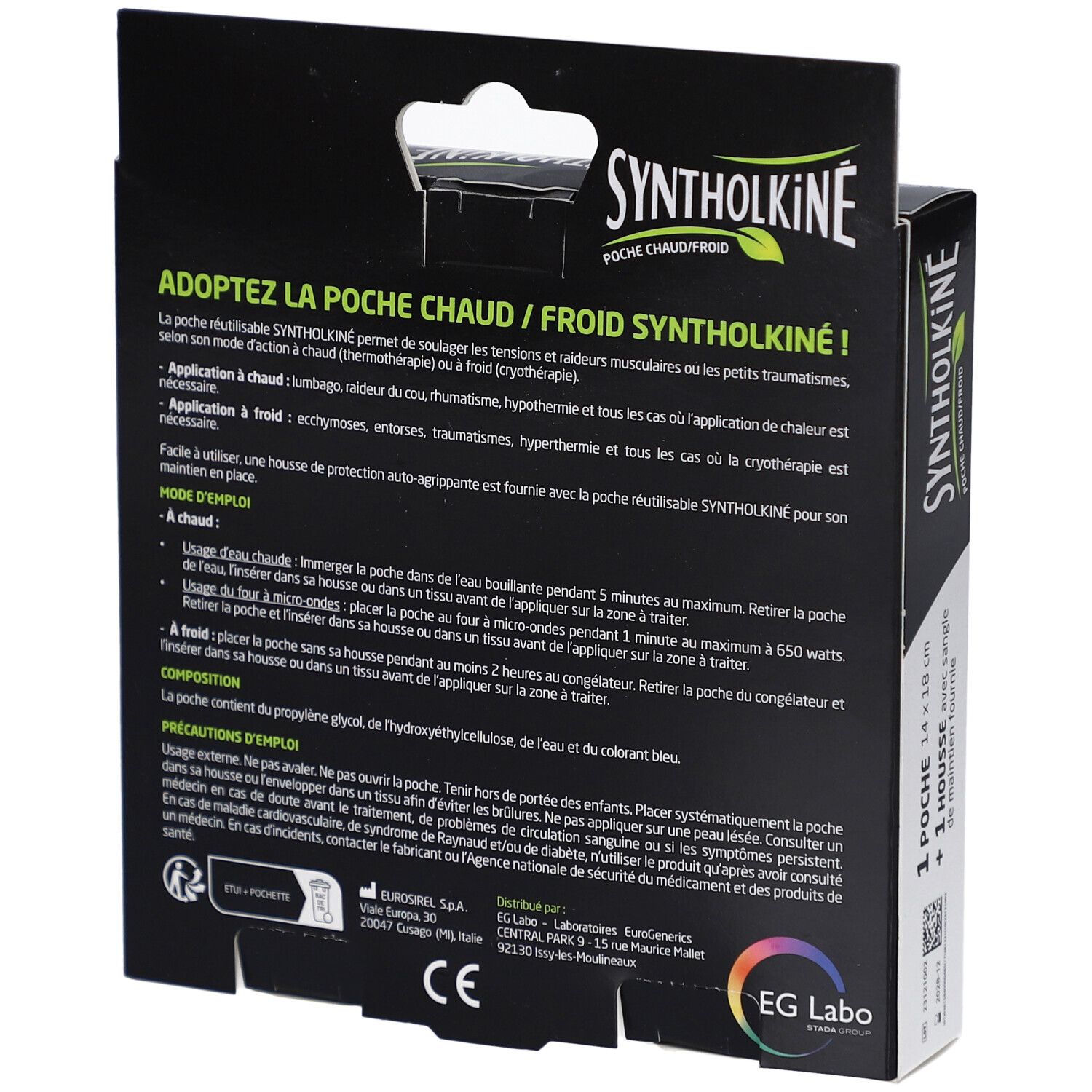 Dos de la boîte Syntholkiné Poche Chaud/Froid. Informations textuelles et mode d'emploi.