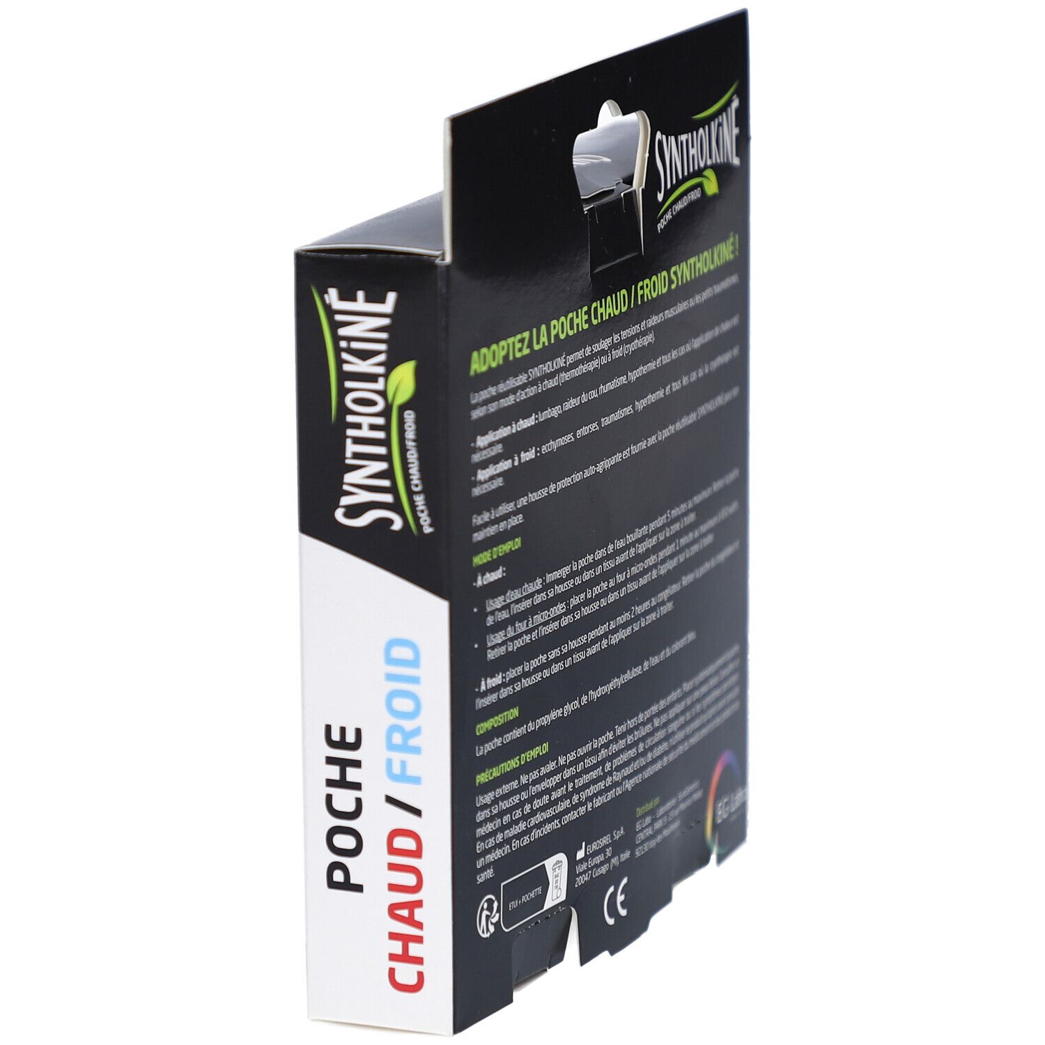 Vue latérale de la boîte Syntholkiné Poche Chaud/Froid. Texte et informations produit.