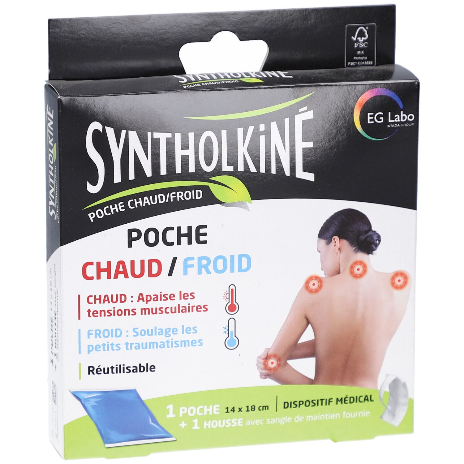 Boîte Syntholkiné Poche Chaud/Froid. Produit et utilisation. Montre une poche et une housse.